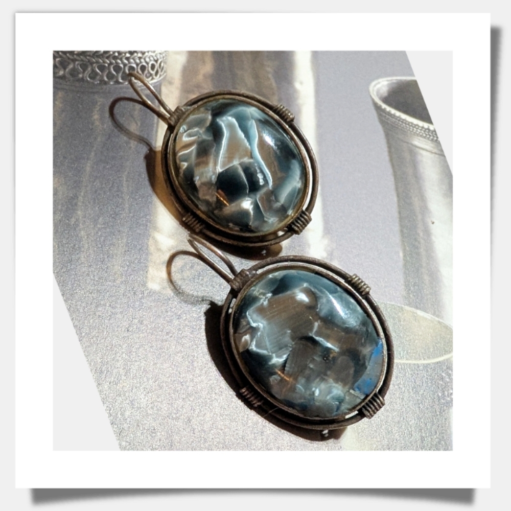 Vintage Artisan Blue Abalone Bullseye Sterling Earrings - Picture 6 of 7